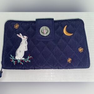Vera Bradley RFID Turnlock Wallet Winter Forest Rabbit Holiday Navy Clutch Moon